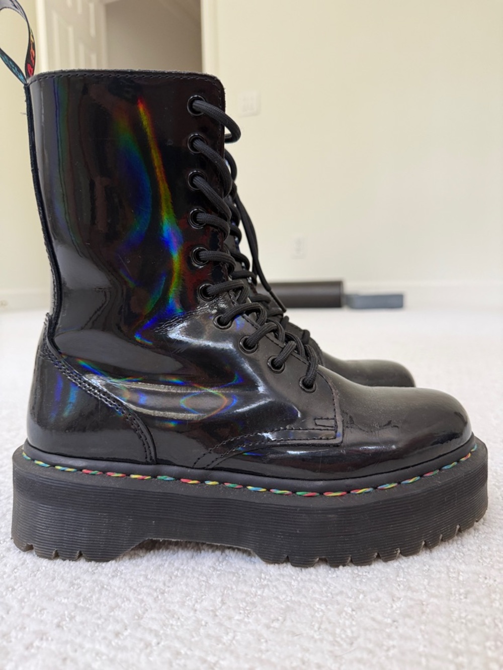 Dr. Martens Black Iridescent Patent Lace-Up Platform Boots Rainbow Stitching - Picture 3 of 7
